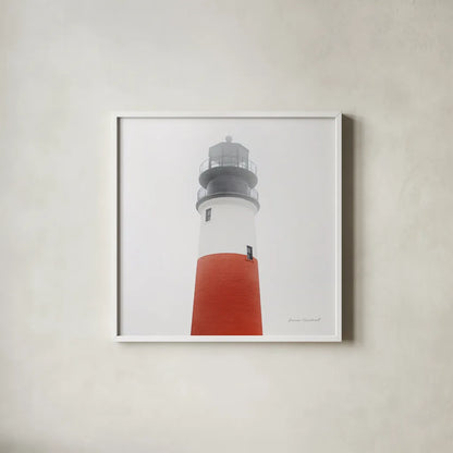 Sankaty Head Light by Laura Marshall. Shown in a crisp white glass frame for a clean and minimalist style. Available as an archival giclee rolled canvas, fine art paper, or poster print. SKU 38773a.