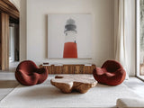 Sankaty Head Light by Laura Marshall. Shown as extra-large giant wall art in a modern living room. Available as an archival giclee rolled canvas, fine art paper, or poster print. SKU 38773a.