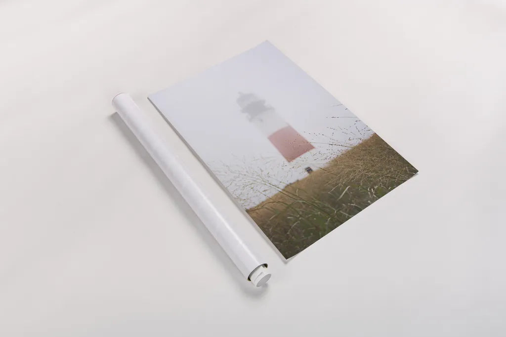 Sankaty Head in the Fog by Laura Marshall. shown as a rolled paper print. Available as archival giclee rolled canvas, fine art paper, or poster print. SKU 39642h.