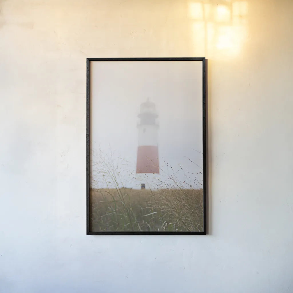 Sankaty Head in the Fog by Laura Marshall. shown as a paper print in a black flame. Available as a archival giclee rolled canvas, fine art paper, or poster print. SKU 39642h.