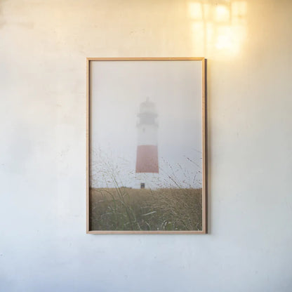 Sankaty Head in the Fog by Laura Marshall. shown as a paper print in a natural frame. Available as a archival giclee rolled canvas, fine art paper, or poster print. SKU 39642h.
