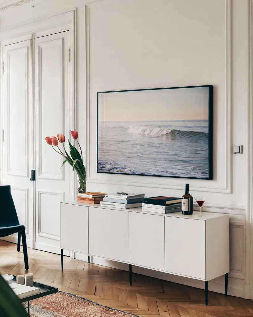 Santa Monica Beach IV by Laura Marshall. shown as a framed stretched canvas in a living room above a console. Available as a archival giclee rolled canvas, fine art paper, or poster print. SKU 81305i.