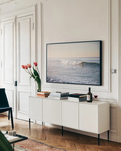 Santa Monica Beach IV by Laura Marshall. shown as a framed stretched canvas in a living room above a console. Available as a archival giclee rolled canvas, fine art paper, or poster print. SKU 81305i.