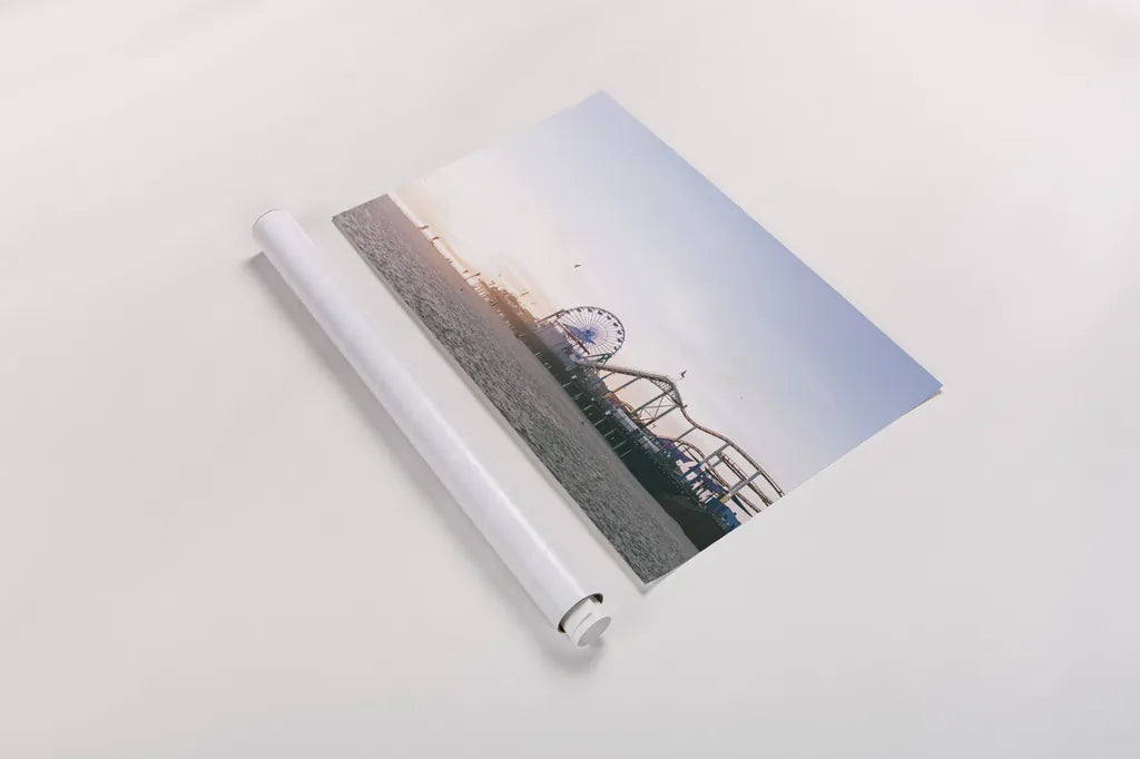 Santa Monica Pier by Laura Marshall. shown as a rolled paper print. Available as archival giclee rolled canvas, fine art paper, or poster print. SKU 81306i.