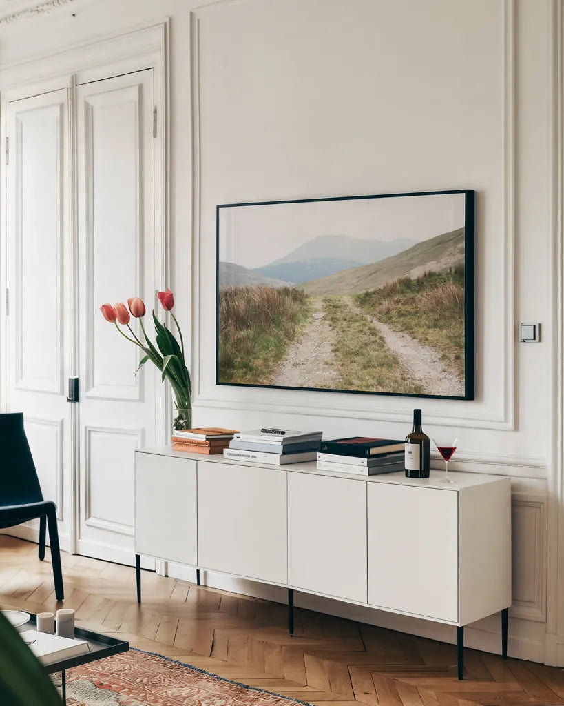 Scottish Highlands I by Laura Marshall. shown as a framed stretched canvas in a living room above a console. Available as a archival giclee rolled canvas, fine art paper, or poster print. SKU 63275i.