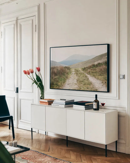 Scottish Highlands I by Laura Marshall. shown as a framed stretched canvas in a living room above a console. Available as a archival giclee rolled canvas, fine art paper, or poster print. SKU 63275i.