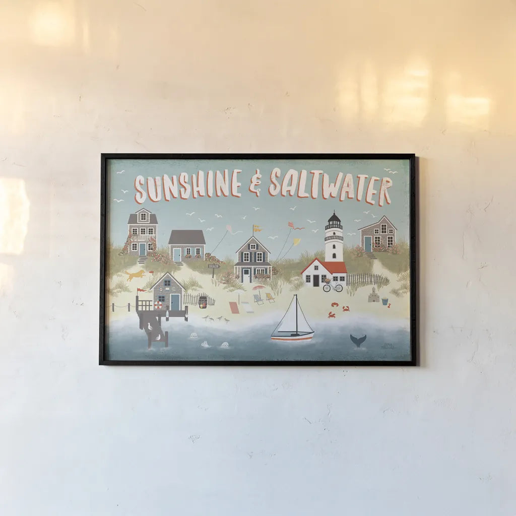 Seaside Village I by Laura Marshall. shown as a paper print in a black flame. Available as a archival giclee rolled canvas, fine art paper, or poster print. SKU 51991i.