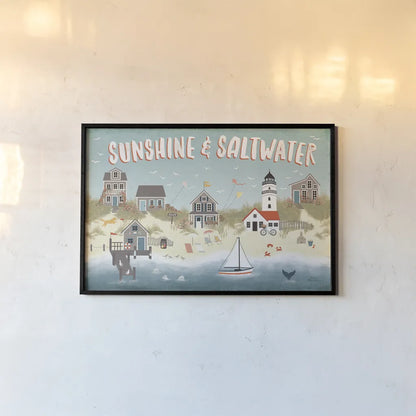 Seaside Village I by Laura Marshall. shown as a paper print in a black flame. Available as a archival giclee rolled canvas, fine art paper, or poster print. SKU 51991i.