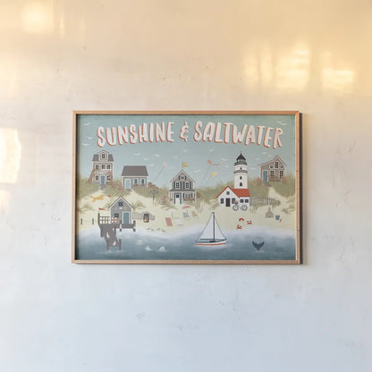 Seaside Village I by Laura Marshall. shown as a paper print in a natural frame. Available as a archival giclee rolled canvas, fine art paper, or poster print. SKU 51991i.