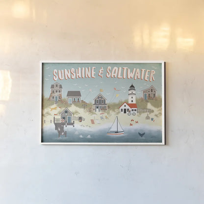 Seaside Village I by Laura Marshall. shown as a paper print in a white frame. Available as a archival giclee rolled canvas, fine art paper, or poster print. SKU 51991i.