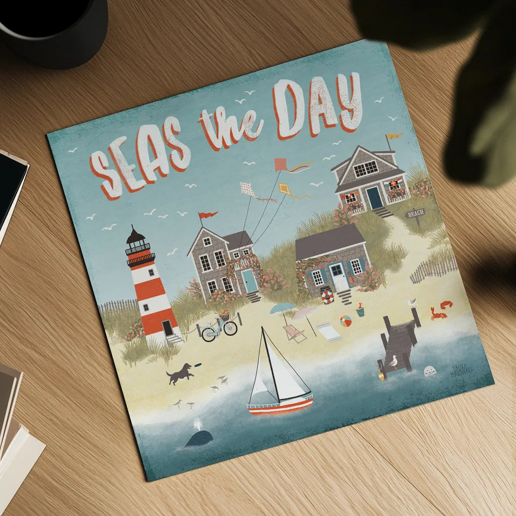 Seaside Village II by Laura Marshall. Shown as a detailed flat fine art print, highlighting archival giclee quality. Available as an archival giclee rolled canvas, fine art paper, or poster print. SKU 51992a.