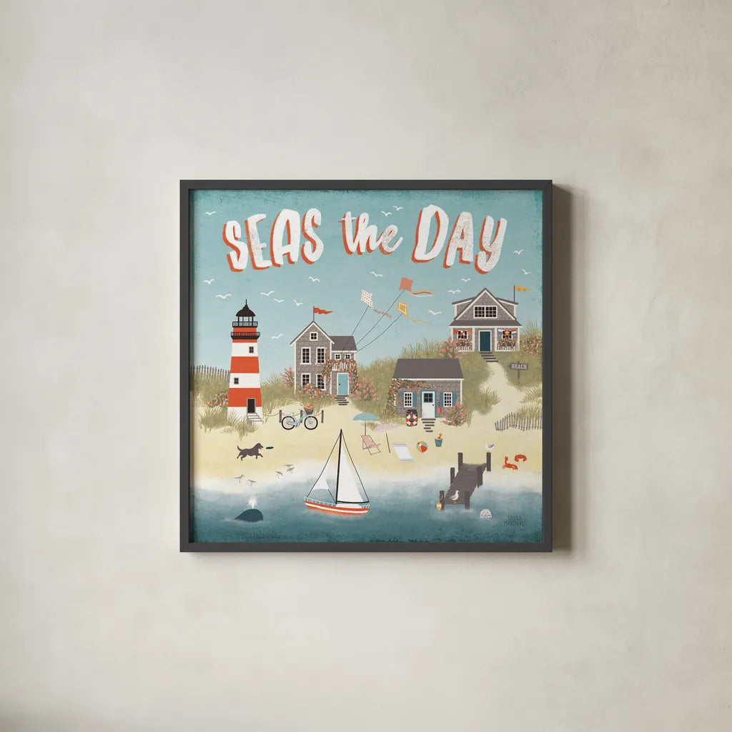 Seaside Village II by Laura Marshall. Shown in a sleek black glass frame for a contemporary gallery look. Available as an archival giclee rolled canvas, fine art paper, or poster print. SKU 51992a.