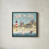 Seaside Village II by Laura Marshall. Shown in a sleek black glass frame for a contemporary gallery look. Available as an archival giclee rolled canvas, fine art paper, or poster print. SKU 51992a.