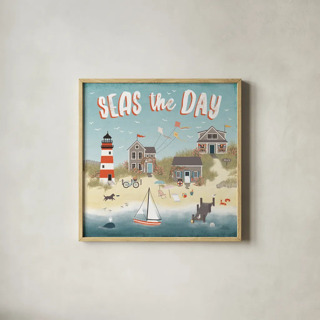 Seaside Village II by Laura Marshall. Shown in a natural wood glass frame for a timeless modern aesthetic. Available as an archival giclee rolled canvas, fine art paper, or poster print. SKU 51992a.