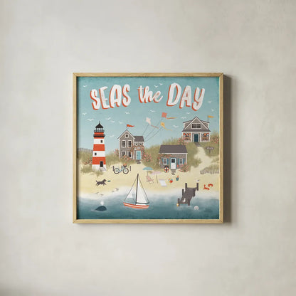 Seaside Village II by Laura Marshall. Shown in a natural wood glass frame for a timeless modern aesthetic. Available as an archival giclee rolled canvas, fine art paper, or poster print. SKU 51992a.