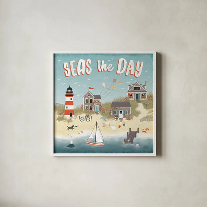 Seaside Village II by Laura Marshall. Shown in a crisp white glass frame for a clean and minimalist style. Available as an archival giclee rolled canvas, fine art paper, or poster print. SKU 51992a.