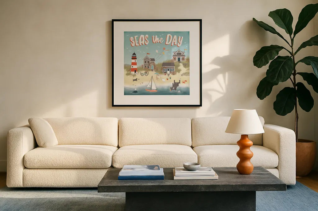 Seaside Village II by Laura Marshall. Displayed in a glass frame with matte in a clean modern living room. Available as an archival giclee rolled canvas, fine art paper, or poster print. SKU 51992a.