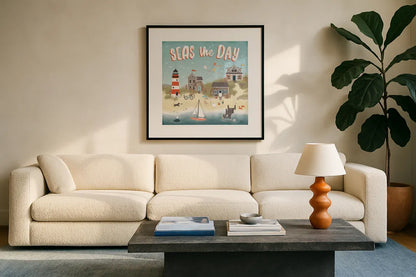 Seaside Village II by Laura Marshall. Displayed in a glass frame with matte in a clean modern living room. Available as an archival giclee rolled canvas, fine art paper, or poster print. SKU 51992a.