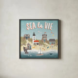 Seaside Village III by Laura Marshall. Shown in a sleek black glass frame for a contemporary gallery look. Available as an archival giclee rolled canvas, fine art paper, or poster print. SKU 51993a.