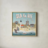 Seaside Village III by Laura Marshall. Shown in a natural wood glass frame for a timeless modern aesthetic. Available as an archival giclee rolled canvas, fine art paper, or poster print. SKU 51993a.