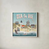 Seaside Village III by Laura Marshall. Shown in a crisp white glass frame for a clean and minimalist style. Available as an archival giclee rolled canvas, fine art paper, or poster print. SKU 51993a.