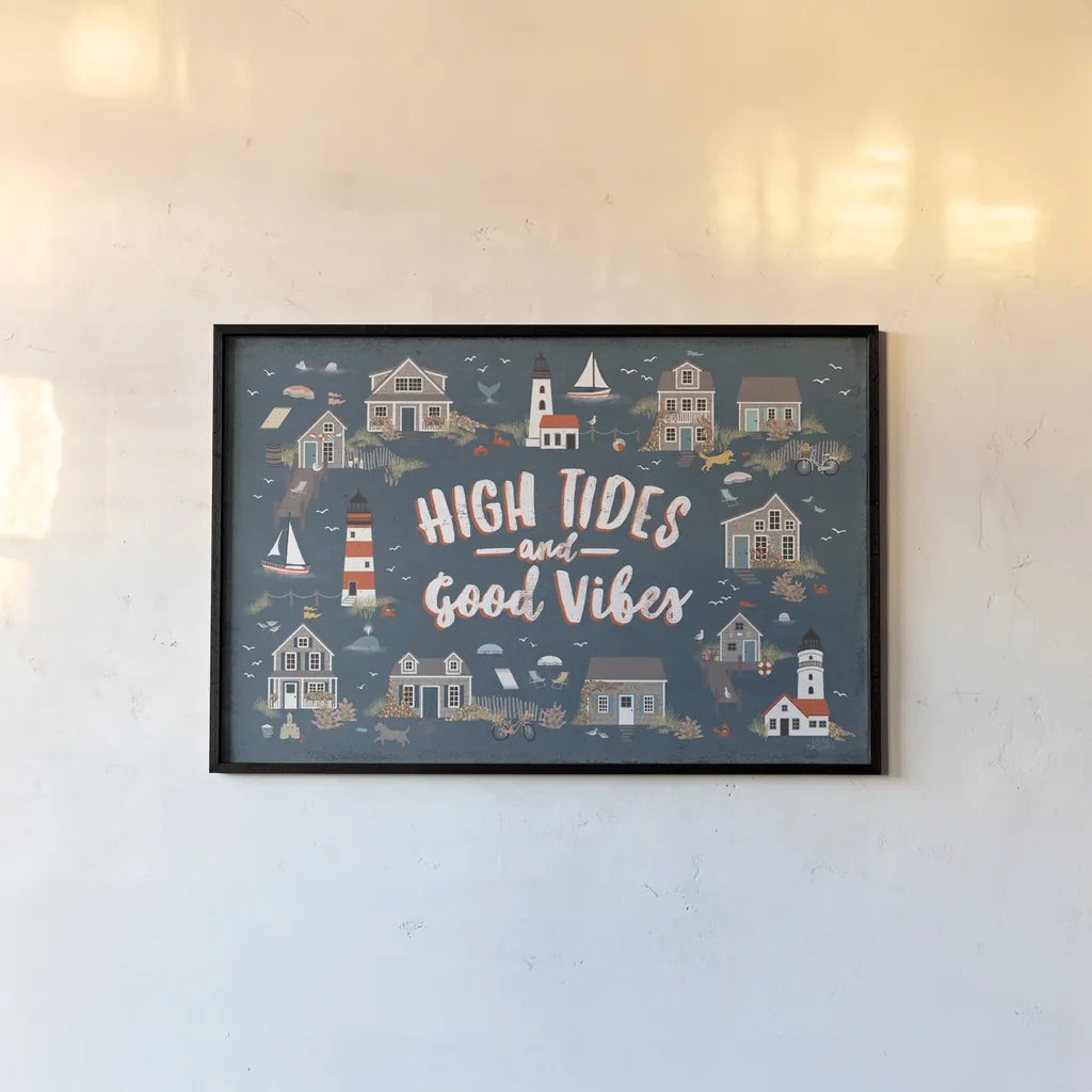 Seaside Village IV by Laura Marshall. shown as a paper print in a black flame. Available as a archival giclee rolled canvas, fine art paper, or poster print. SKU 51994i.