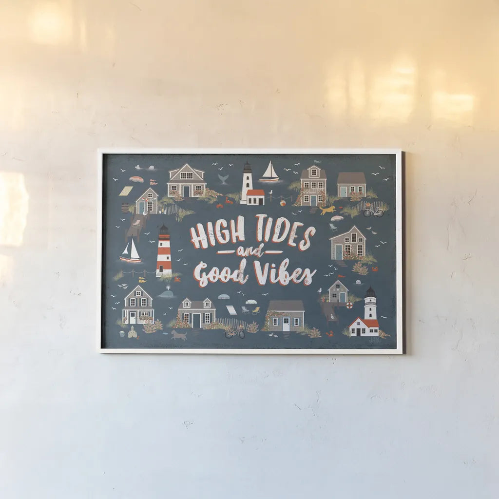 Seaside Village IV by Laura Marshall. shown as a paper print in a white frame. Available as a archival giclee rolled canvas, fine art paper, or poster print. SKU 51994i.