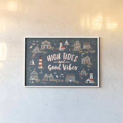 Seaside Village IV by Laura Marshall. shown as a paper print in a white frame. Available as a archival giclee rolled canvas, fine art paper, or poster print. SKU 51994i.