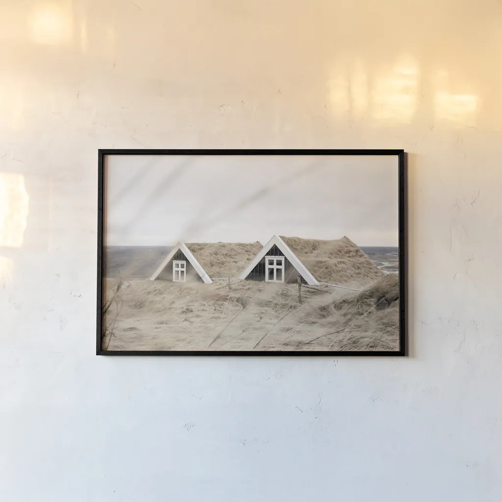 Selid Turf Houses by Laura Marshall. shown as a paper print in a black flame. Available as a archival giclee rolled canvas, fine art paper, or poster print. SKU 69906i.