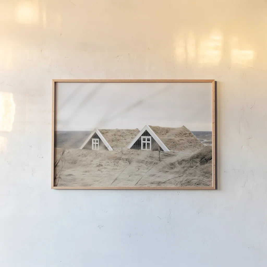 Selid Turf Houses by Laura Marshall. shown as a paper print in a natural frame. Available as a archival giclee rolled canvas, fine art paper, or poster print. SKU 69906i.