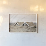 Selid Turf Houses by Laura Marshall. shown as a paper print in a white frame. Available as a archival giclee rolled canvas, fine art paper, or poster print. SKU 69906i.