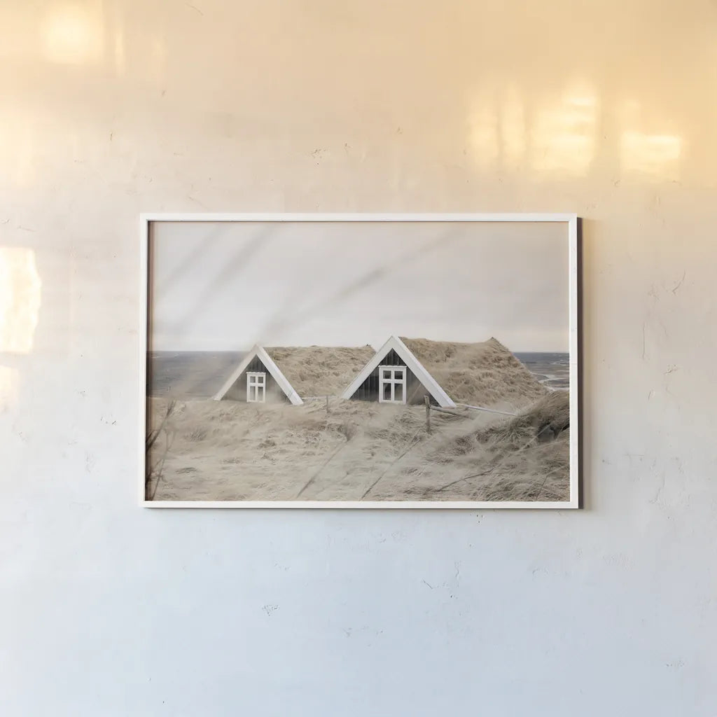 Selid Turf Houses by Laura Marshall. shown as a paper print in a white frame. Available as a archival giclee rolled canvas, fine art paper, or poster print. SKU 69906i.