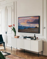 September Skies I by Laura Marshall. shown as a framed stretched canvas in a living room above a console. Available as a archival giclee rolled canvas, fine art paper, or poster print. SKU 42979i.