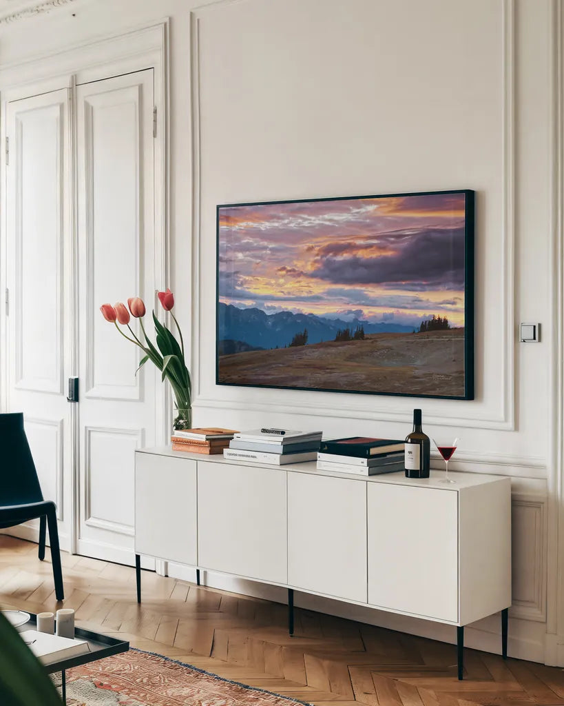 September Skies I by Laura Marshall. shown as a framed stretched canvas in a living room above a console. Available as a archival giclee rolled canvas, fine art paper, or poster print. SKU 42979i.