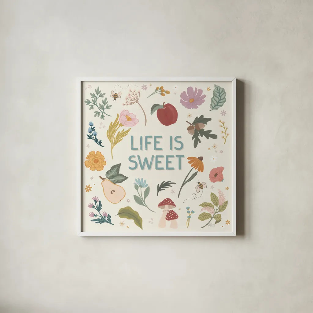 September Sweetness II by Laura Marshall. Shown in a crisp white glass frame for a clean and minimalist style. Available as an archival giclee rolled canvas, fine art paper, or poster print. SKU 69610a.