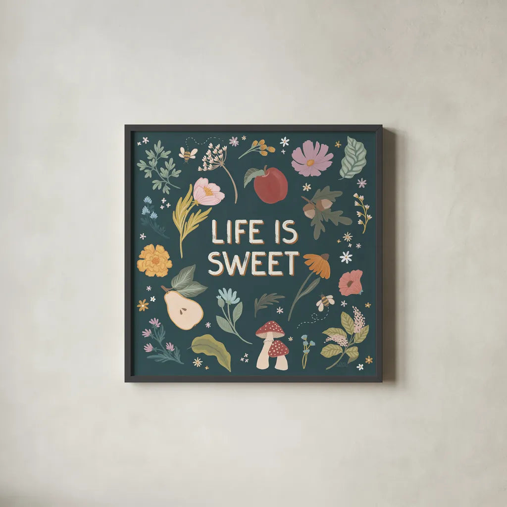 September Sweetness II Dark by Laura Marshall. Shown in a sleek black glass frame for a contemporary gallery look. Available as an archival giclee rolled canvas, fine art paper, or poster print. SKU 69619a.