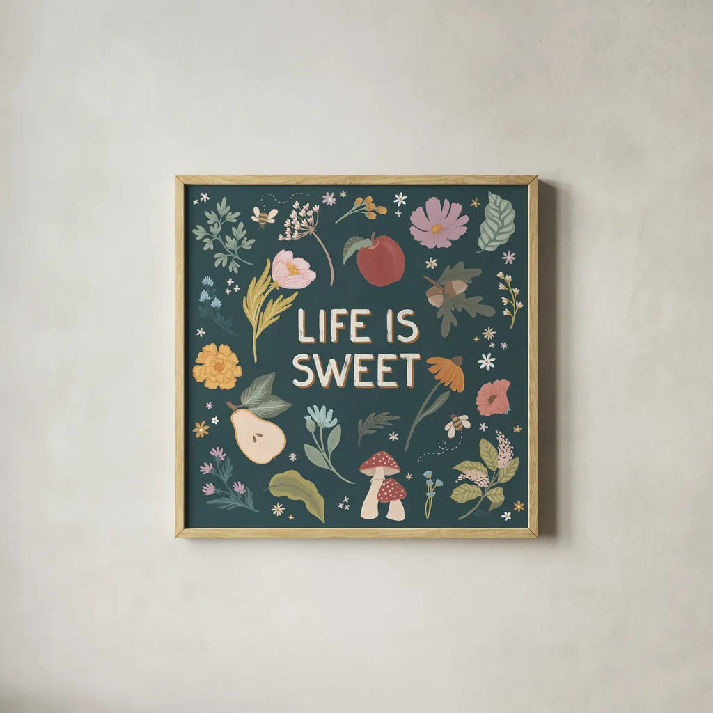 September Sweetness II Dark by Laura Marshall. Shown in a natural wood glass frame for a timeless modern aesthetic. Available as an archival giclee rolled canvas, fine art paper, or poster print. SKU 69619a.