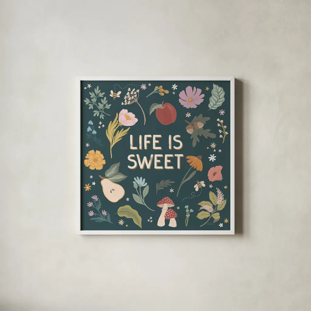 September Sweetness II Dark by Laura Marshall. Shown in a crisp white glass frame for a clean and minimalist style. Available as an archival giclee rolled canvas, fine art paper, or poster print. SKU 69619a.