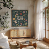 September Sweetness II Dark by Laura Marshall. Shown in a natural wood frame in a cozy modern living room. Available as an archival giclee rolled canvas, fine art paper, or poster print. SKU 69619a.