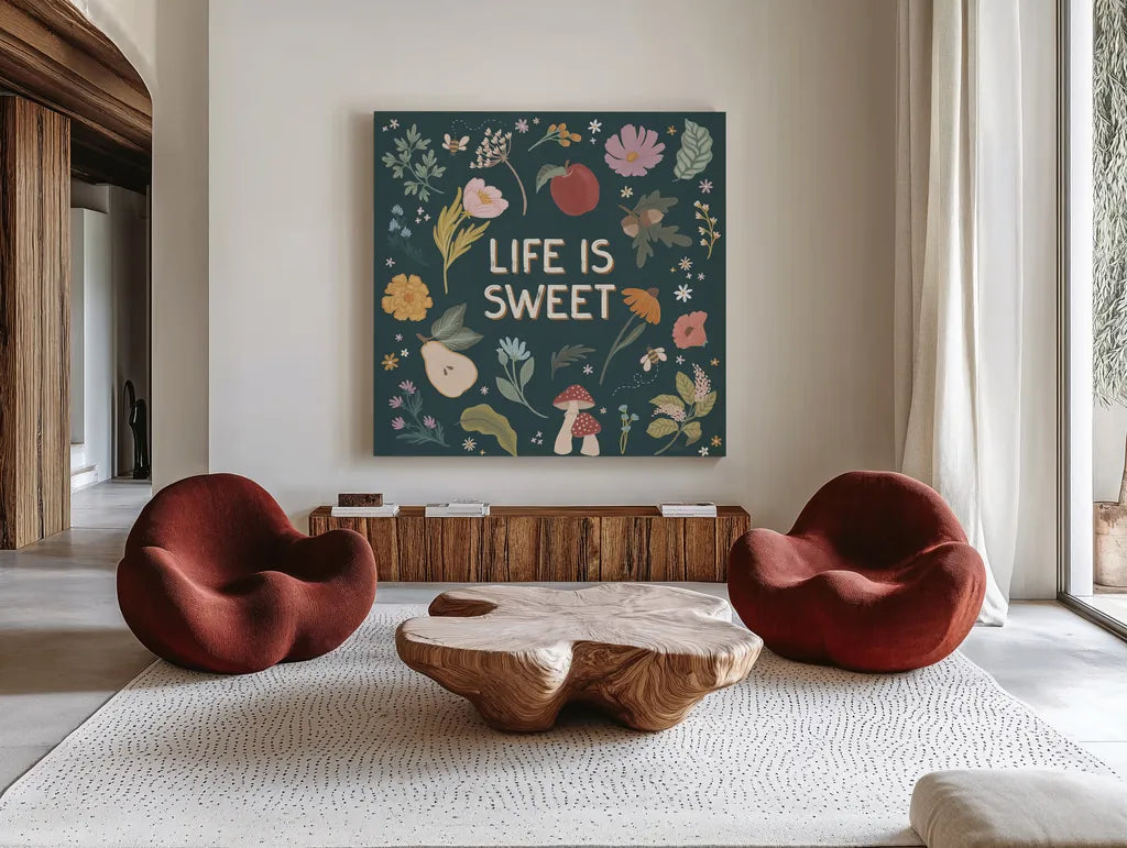 September Sweetness II Dark by Laura Marshall. Shown as extra-large giant wall art in a modern living room. Available as an archival giclee rolled canvas, fine art paper, or poster print. SKU 69619a.