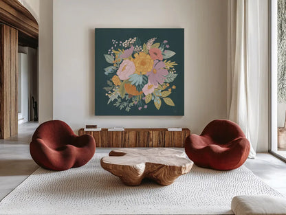 September Sweetness VI by Laura Marshall. Shown as extra-large giant wall art in a modern living room. Available as an archival giclee rolled canvas, fine art paper, or poster print. SKU 69614a.