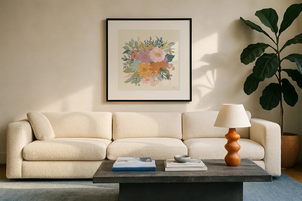 September Sweetness VII by Laura Marshall. Displayed in a glass frame with matte in a clean modern living room. Available as an archival giclee rolled canvas, fine art paper, or poster print. SKU 69615a.