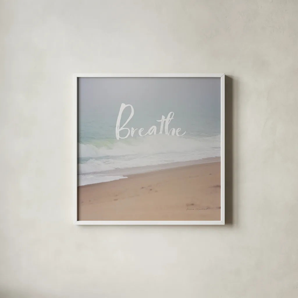 Serene Sea I by Laura Marshall. Shown in a crisp white glass frame for a clean and minimalist style. Available as an archival giclee rolled canvas, fine art paper, or poster print. SKU 39639a.