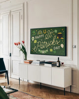 Shamrock Wishes I by Laura Marshall. shown as a framed stretched canvas in a living room above a console. Available as a archival giclee rolled canvas, fine art paper, or poster print. SKU 83885i.