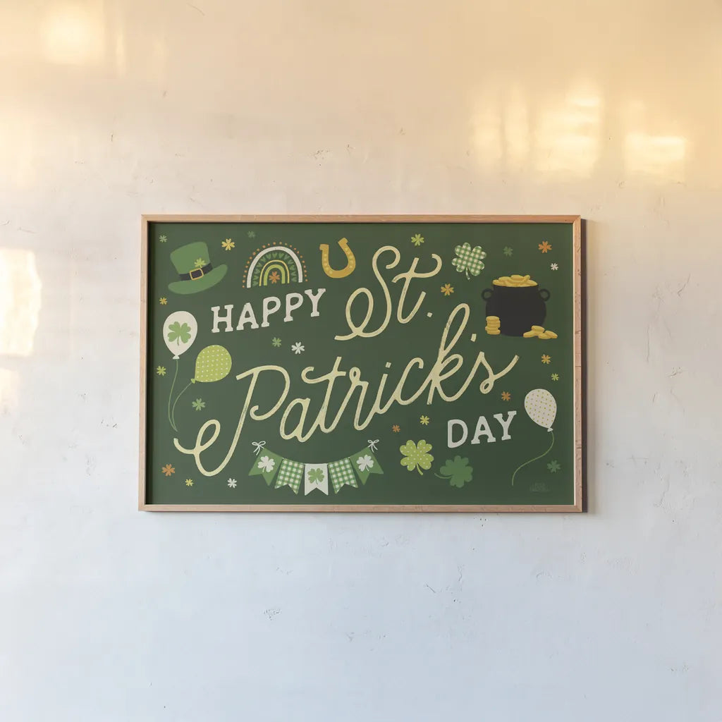 Shamrock Wishes I by Laura Marshall. shown as a paper print in a natural frame. Available as a archival giclee rolled canvas, fine art paper, or poster print. SKU 83885i.