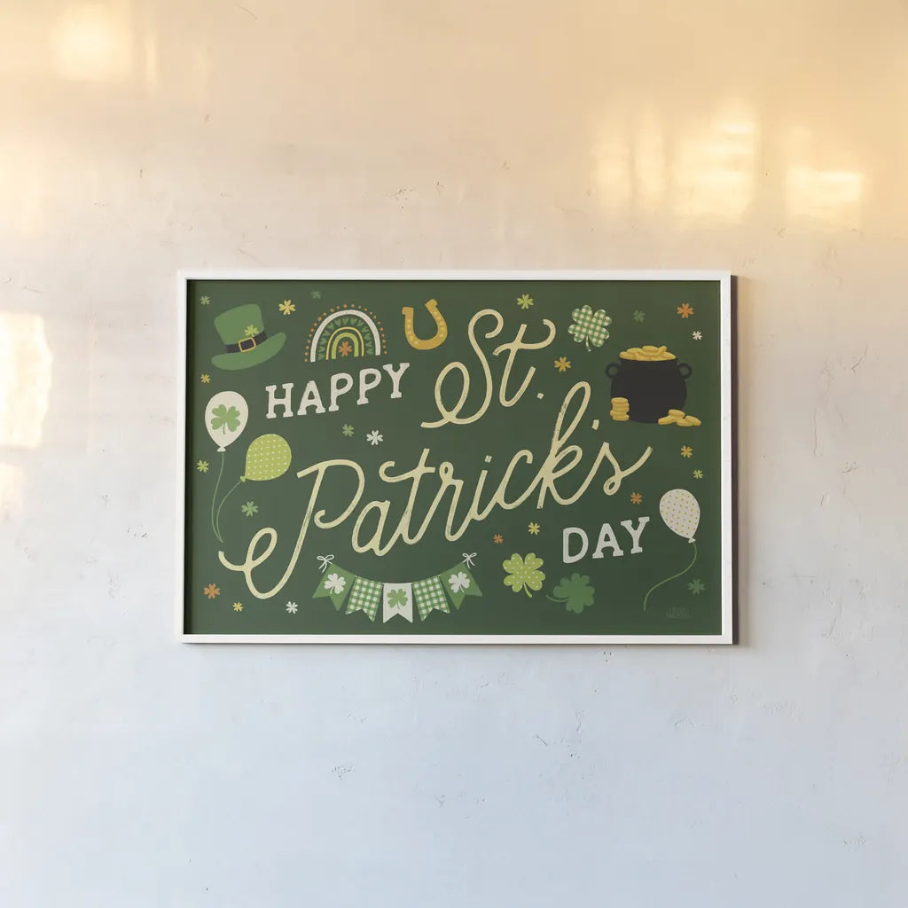 Shamrock Wishes I by Laura Marshall. shown as a paper print in a white frame. Available as a archival giclee rolled canvas, fine art paper, or poster print. SKU 83885i.