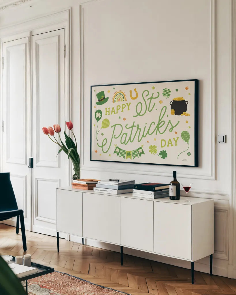 Shamrock Wishes I Light by Laura Marshall. shown as a framed stretched canvas in a living room above a console. Available as a archival giclee rolled canvas, fine art paper, or poster print. SKU 83888i.