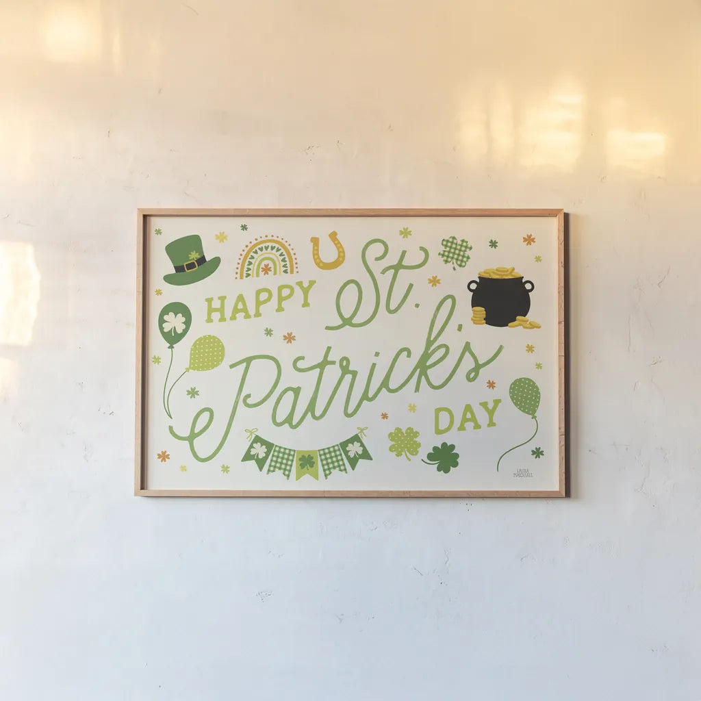 Shamrock Wishes I Light by Laura Marshall. shown as a paper print in a natural frame. Available as a archival giclee rolled canvas, fine art paper, or poster print. SKU 83888i.