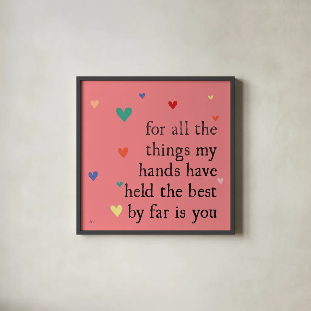 Simple Romance II Colorful by Laura Marshall. Shown in a sleek black glass frame for a contemporary gallery look. Available as an archival giclee rolled canvas, fine art paper, or poster print. SKU 77935a.