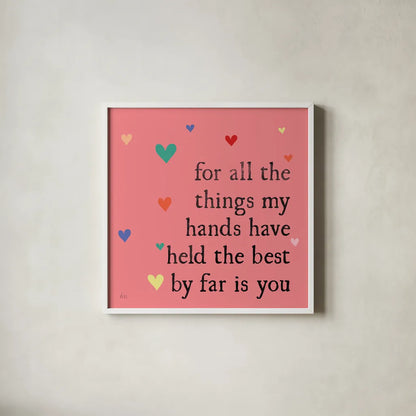 Simple Romance II Colorful by Laura Marshall. Shown in a crisp white glass frame for a clean and minimalist style. Available as an archival giclee rolled canvas, fine art paper, or poster print. SKU 77935a.